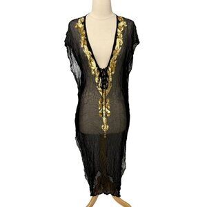 Manish Vaid Dress Cover-Up Size M Black Gold Embellished Resort Beach Poolside